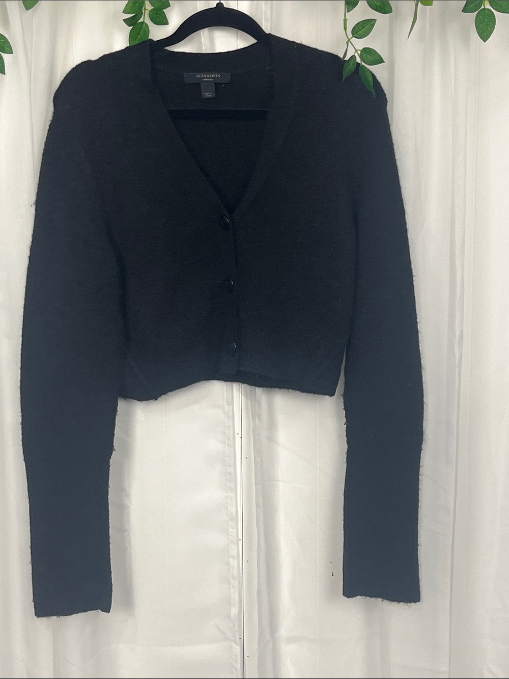 All Saints Womens Cropped Sweater M Black Button Down Long Sleeves Soft Cute EUC